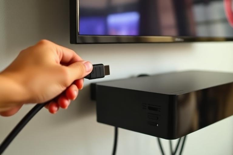 Hand connecting an HDMI cable to the ports of a wall mounted television