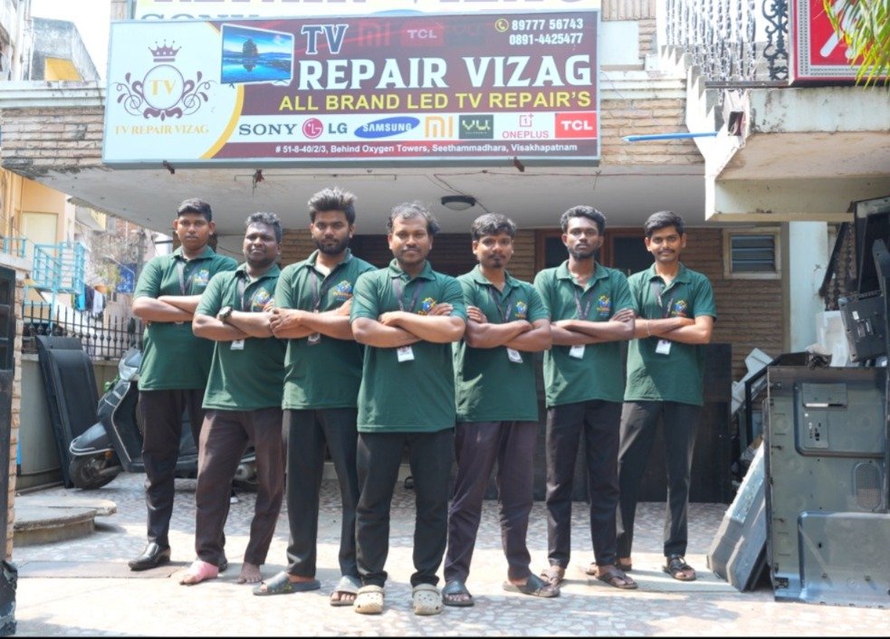 TV Repair Vizag technicians standing together outside the service centre in Seethammadhara, Visakhapatnam